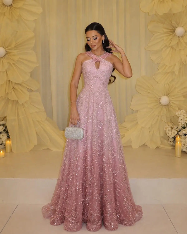 Luxury Gradient Pink Halter Neck Beaded Sequin Evening Dress SS709