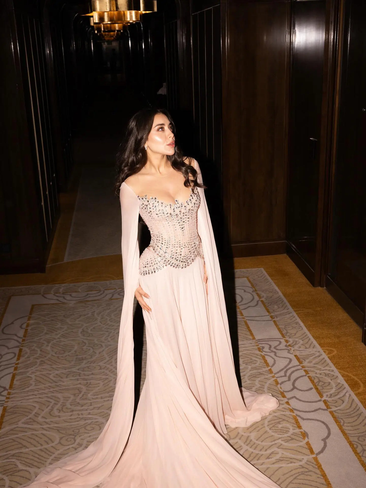 Luxury Pink Beaded Flowy Cape Sleeve Evening Dress SS367 