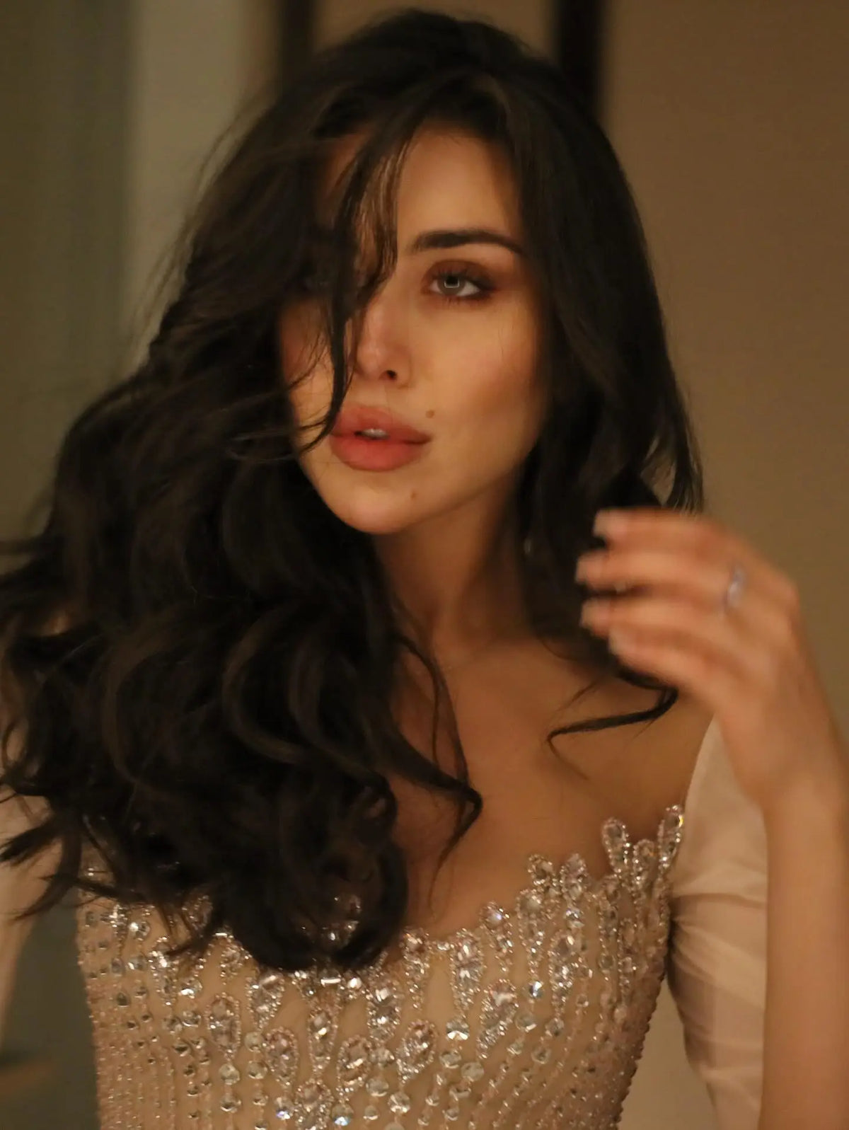 Luxury Pink Beaded Flowy Cape Sleeve Evening Dress SS367 