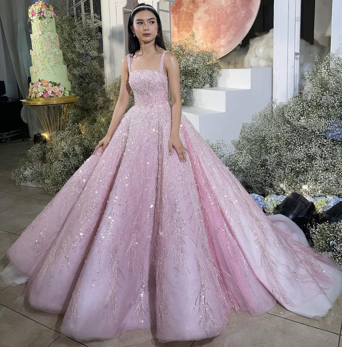 Luxury Pink Beaded Sleeveless Ball Gown Evening Dress SS702 