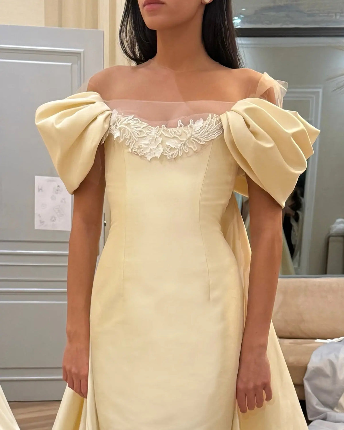 Luxury Ivory Off-the-Shoulder Satin Wedding Dress with Puff Sleeves SW230