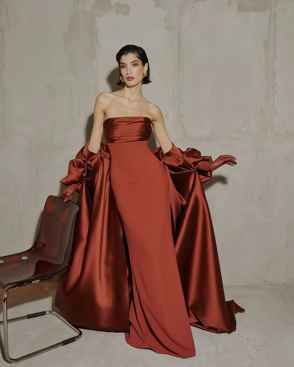 rust brown formal dress Rust Formal Dress Tea-Length High Neck Sleeveless Stretch Satin Formal Dresses