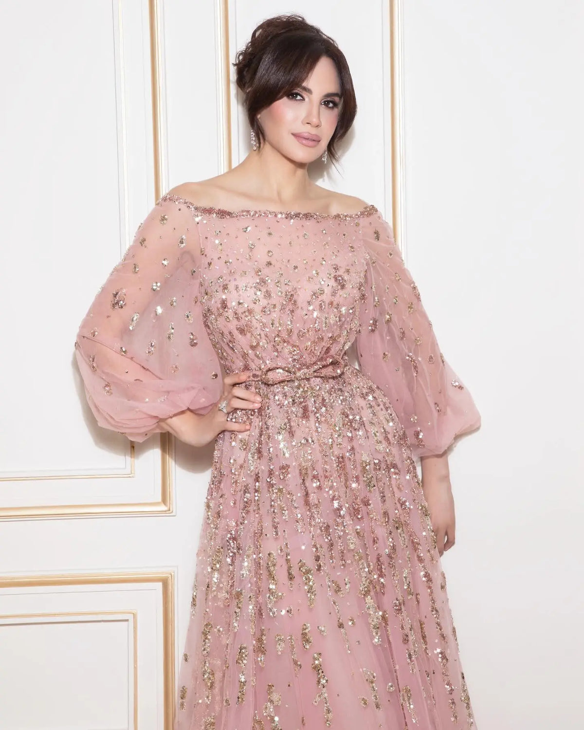 Elegant Beaded Sequin Pink Long Sleeve Evening Dress with Bow SS230 - SHARONSAID Elegant Beaded Sequin Pink Long Sleeve Evening Dress with Bow SS230 - SHARONSAID