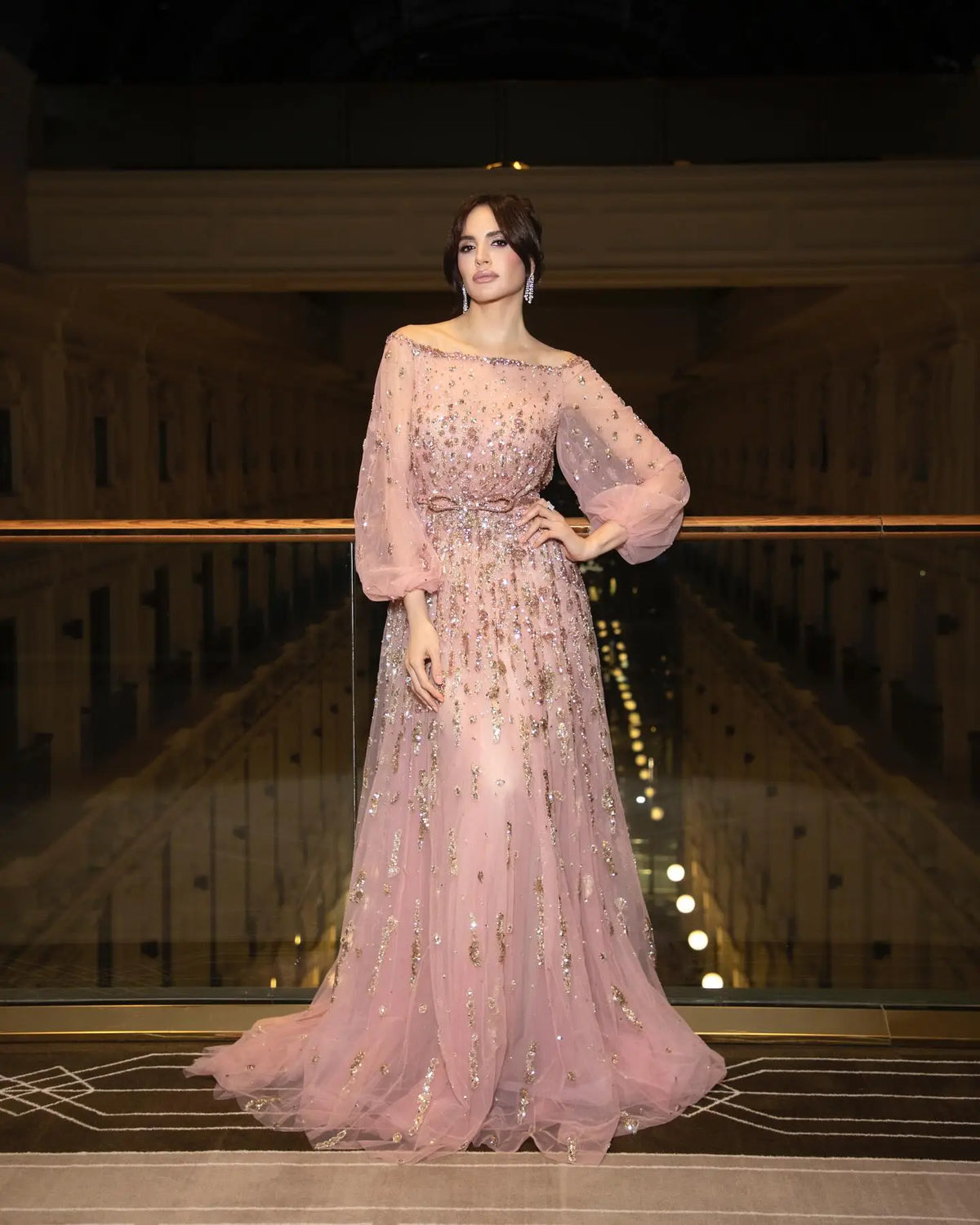Elegant Beaded Sequin Pink Long Sleeve Evening Dress with Bow SS230 - SHARONSAID Elegant Beaded Sequin Pink Long Sleeve Evening Dress with Bow SS230 - SHARONSAID