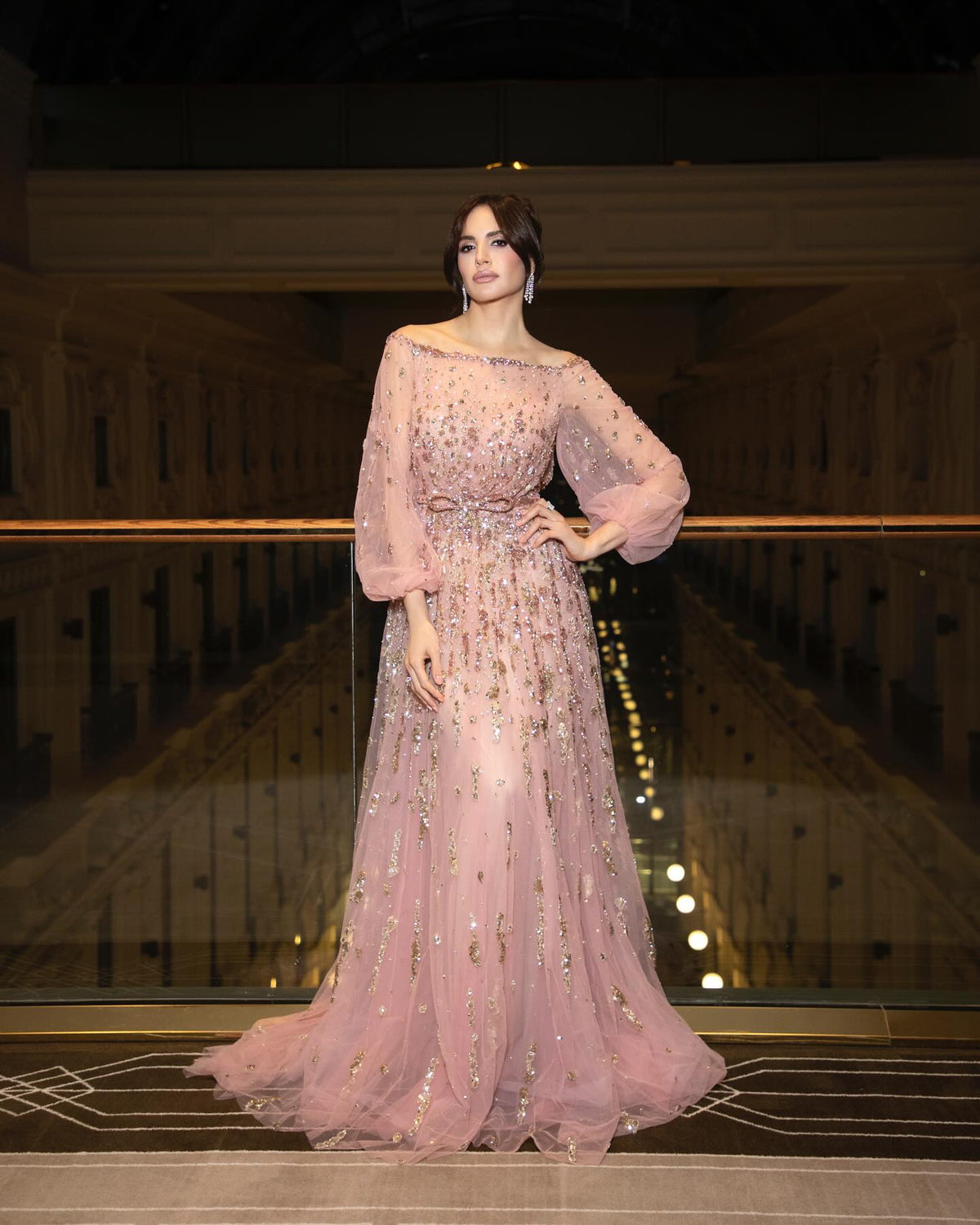 Elegant Beaded Sequin Pink Long Sleeve Evening Dress with Bow SS230 