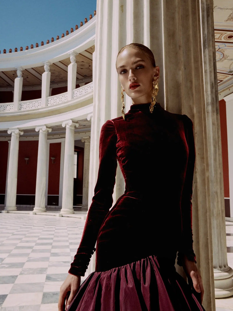 Luxury Burgundy Ruffles Ball Gown Evening Dress SF441 