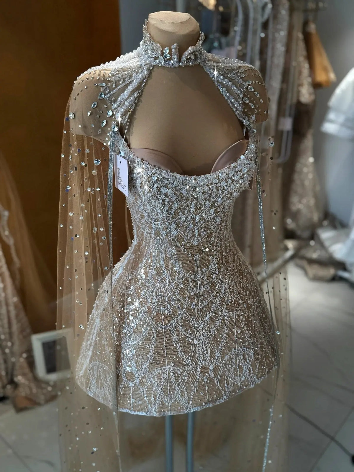 Luxury Beaded Halter Mini Wedding Dress with Cape SW236