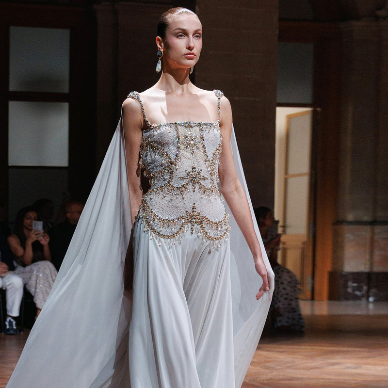 Elegant Silver Gold Large Crystal Evening Dress with Cap SS517 