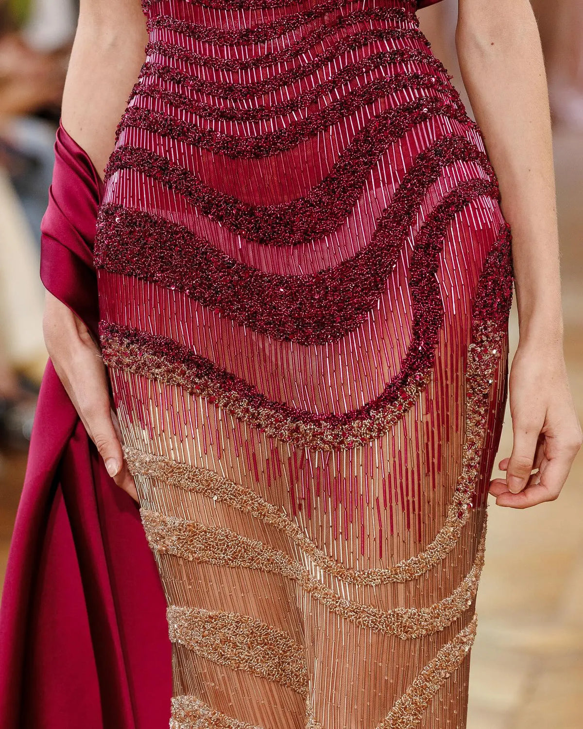 Luxury Burgundy Beaded Ombre Off-Shoulder Mermaid Evening Dress with Cap SS530-5