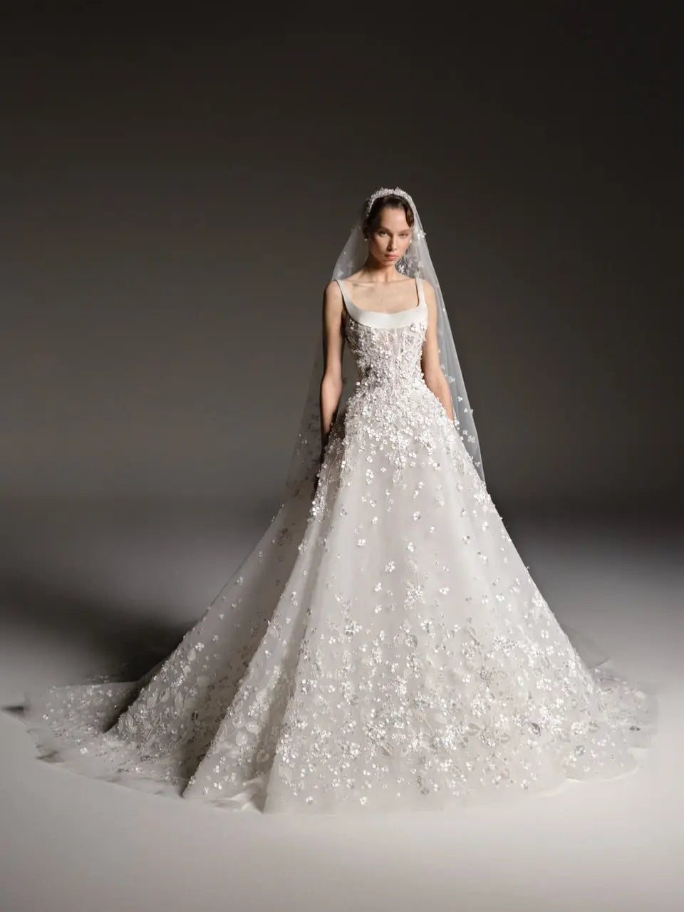 Luxury Square Neck Beaded Floral Lace Ball Gown Wedding Dress with Veil SW666 Luxury Square Neck Beaded Floral Lace Ball Gown Wedding Dress with Veil SW666