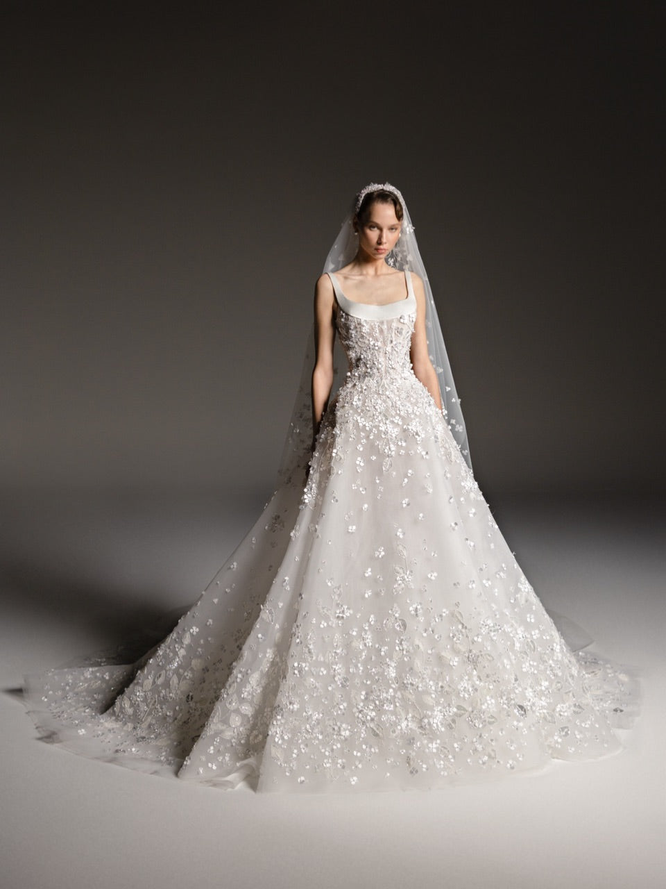 Luxury Square Neck Beaded Floral Lace Ball Gown Wedding Dress with Veil SW666 