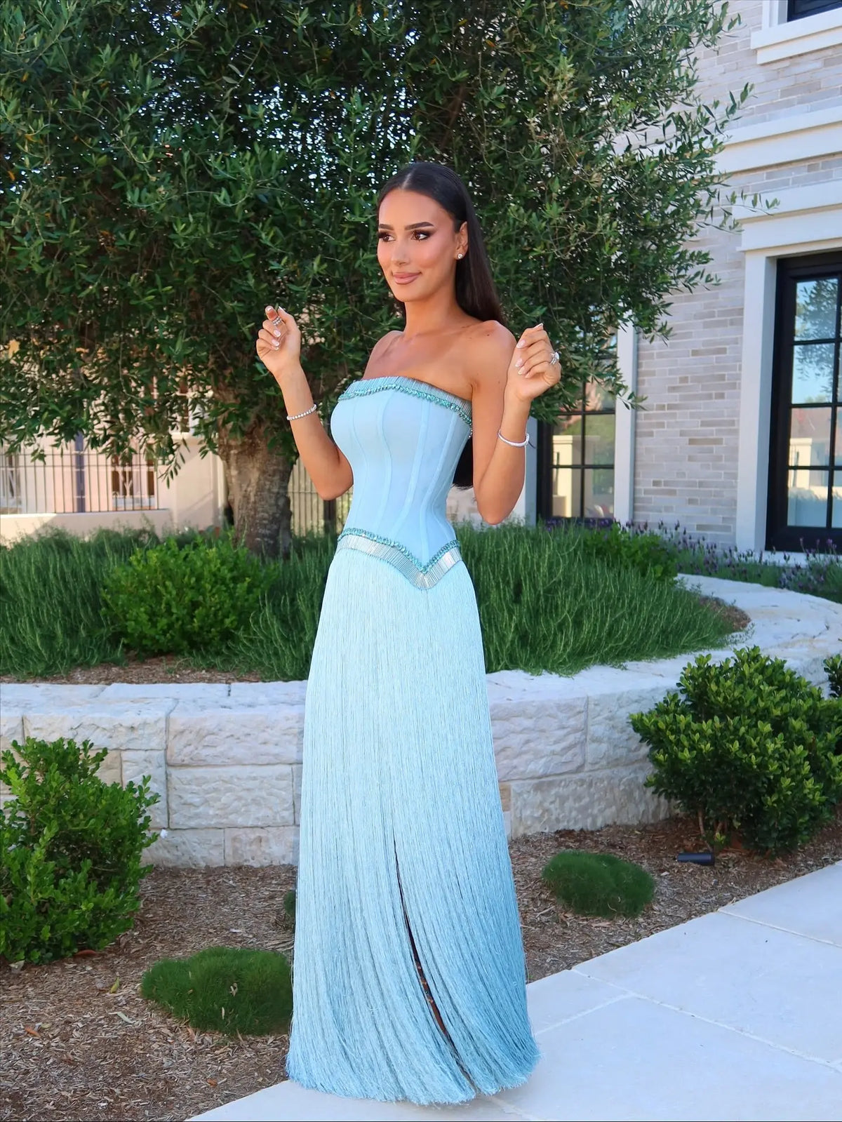 Elegant Blue Strapless Crystal Fringe Evening Dress SS520 Elegant Blue Strapless Crystal Fringe Evening Dress SS520