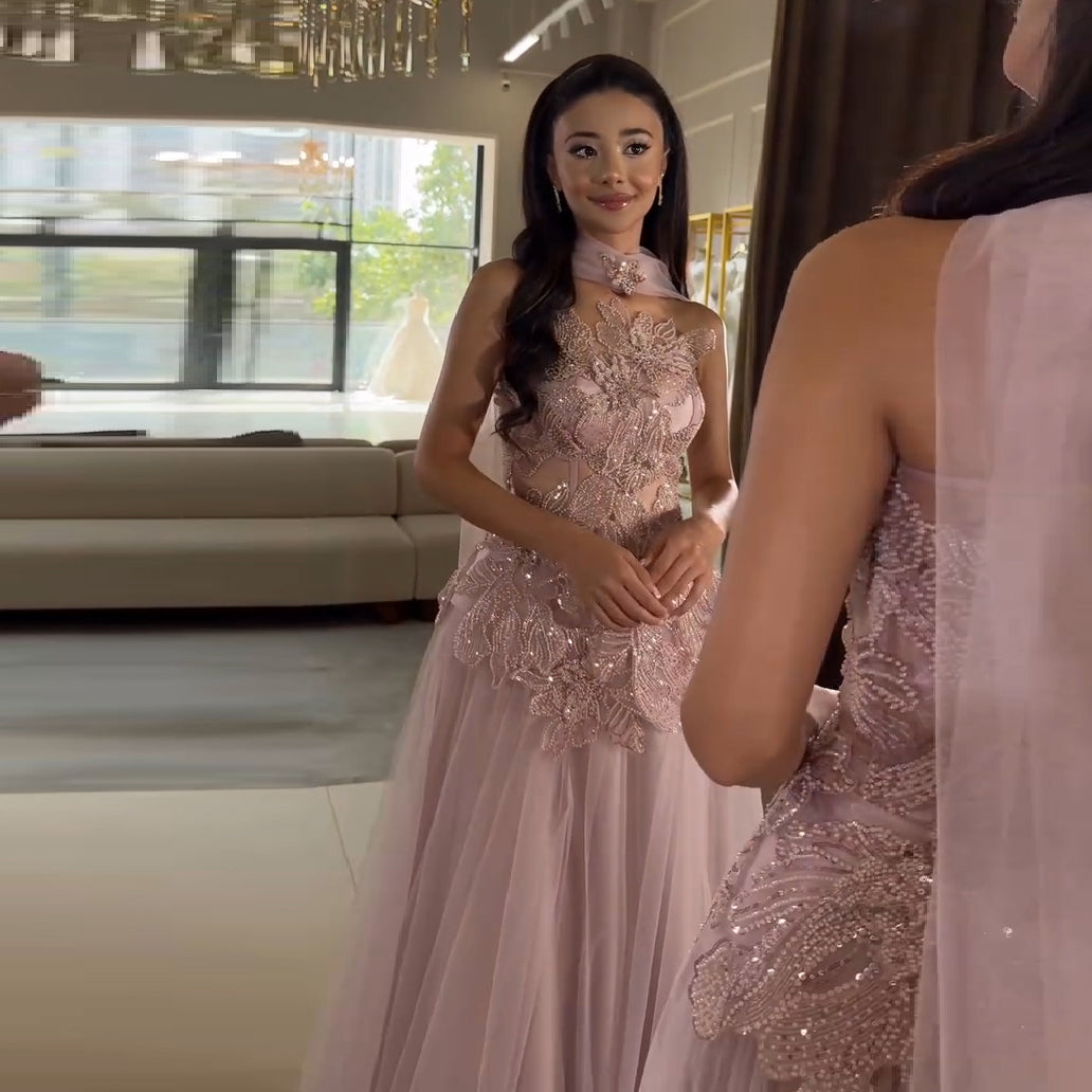 Luxury Pink 3D Floral Strapless Tulle Cape Evening Dress with Scarf SS239