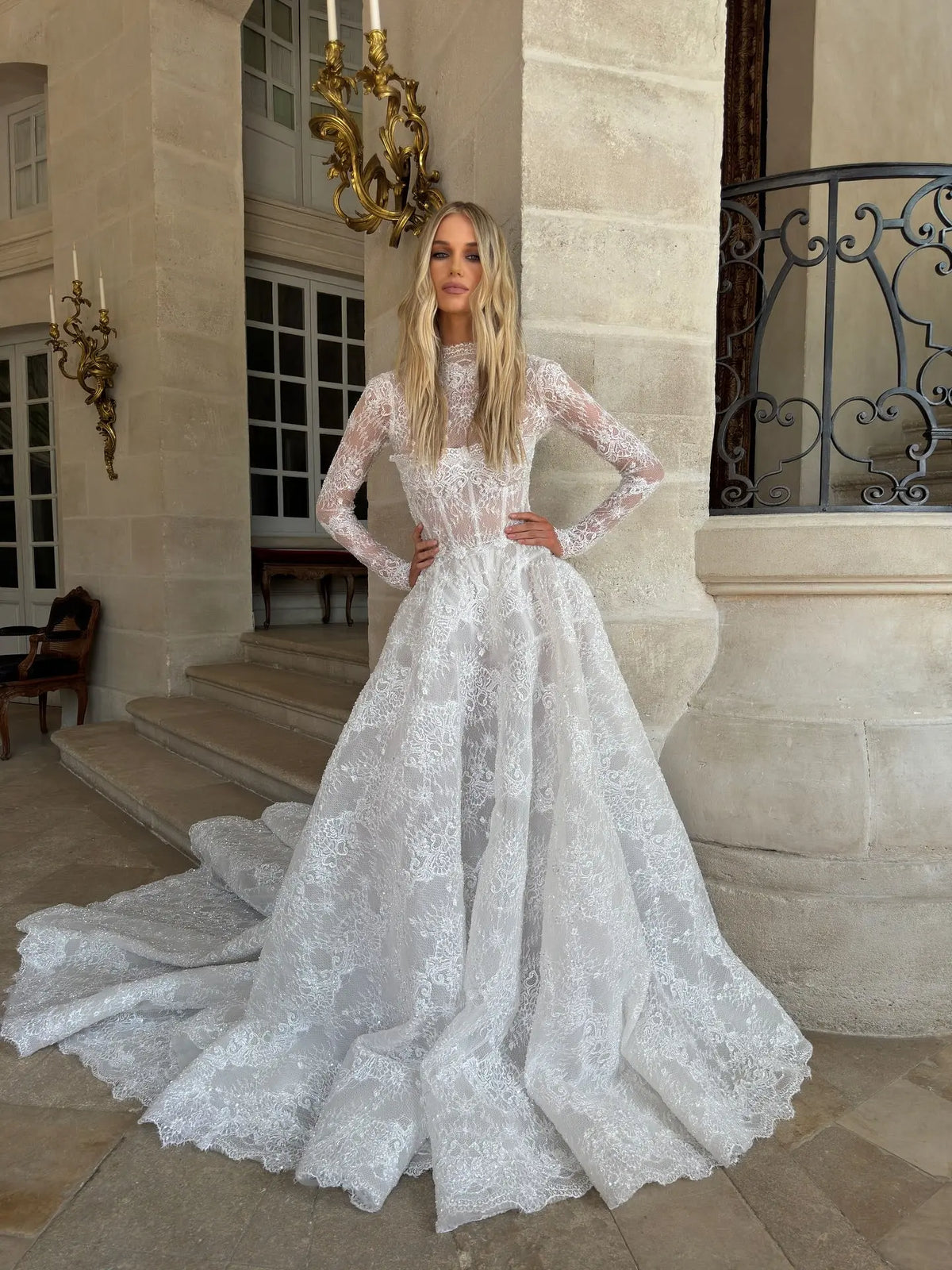 high neck long sleeve white lace dress Azazie Ivie