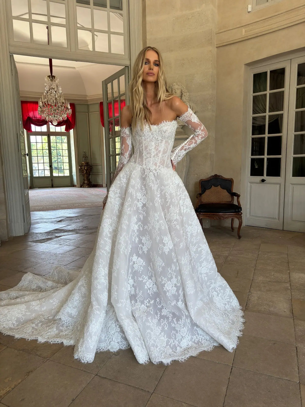 long sleeve shoulderless wedding dress Off Shoulder Long Sleeve Romantic Wedding Dress with Princess Silhouette Off White / Lace / 4