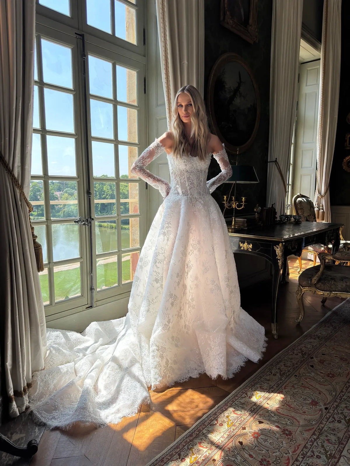 Regal White Off-the-Shoulder Long Sleeve Lace Ball Gown Wedding Dress SW225