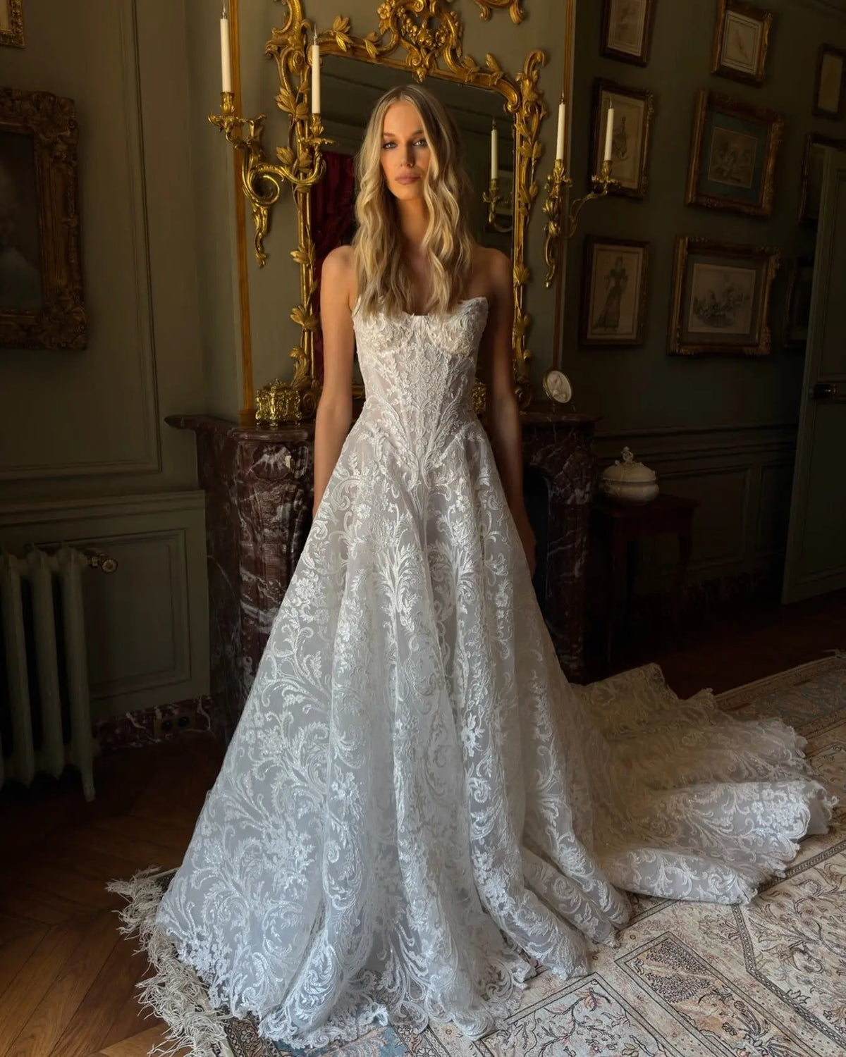 wedding dress a line strapless Vintage White Strapless Lace A-Line Wedding Dress with Scalloped Train – SHARONSAID