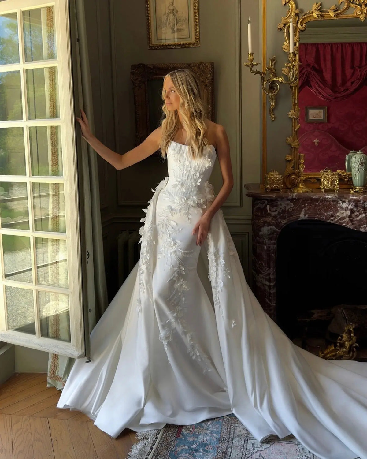 strapless embroidered wedding dress Strapless embroidered wedding dress with tulle ball gown overskirt
