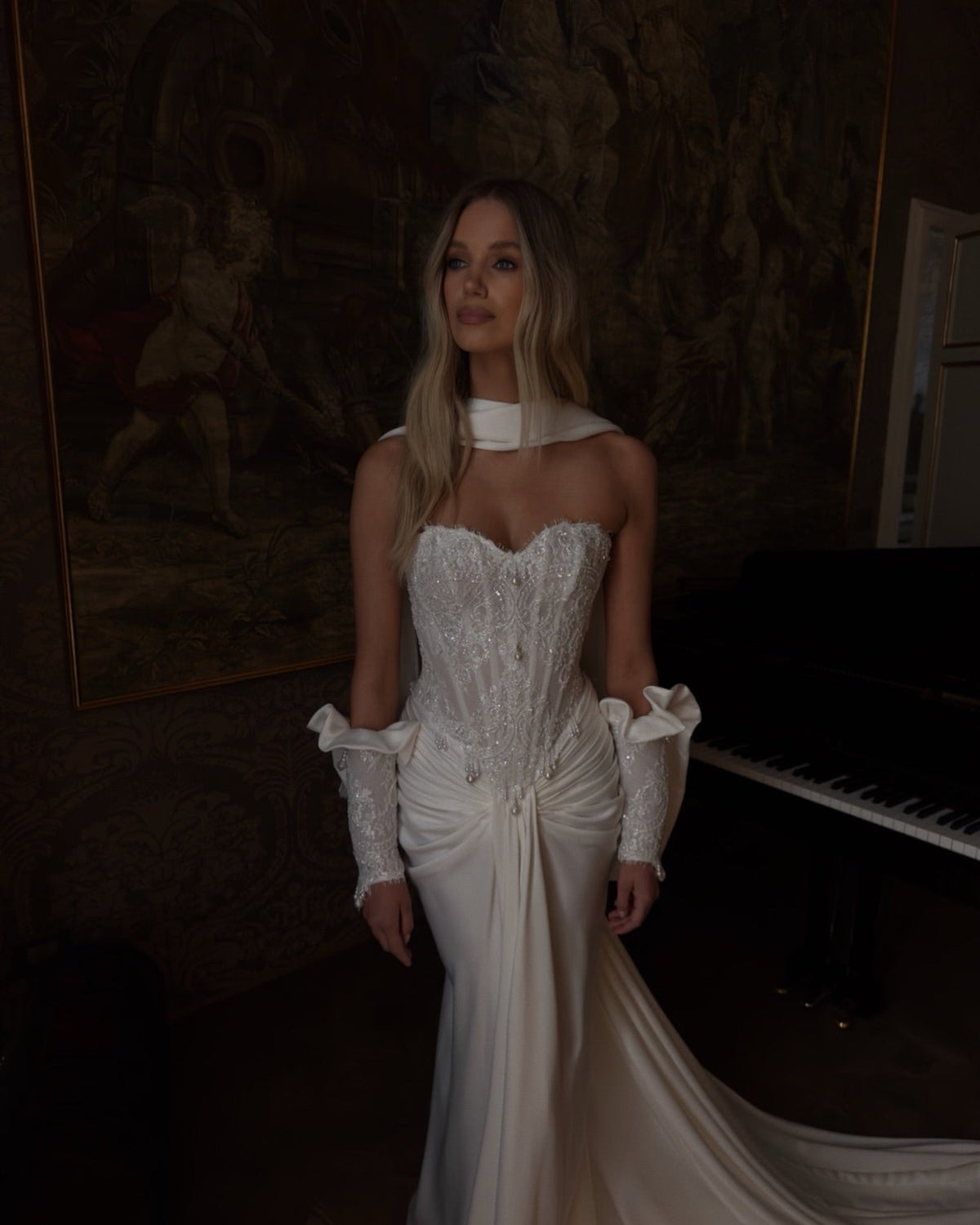 Modern Strapless Satin High Slit Mermaid Wedding Dress with Scarf SW219 