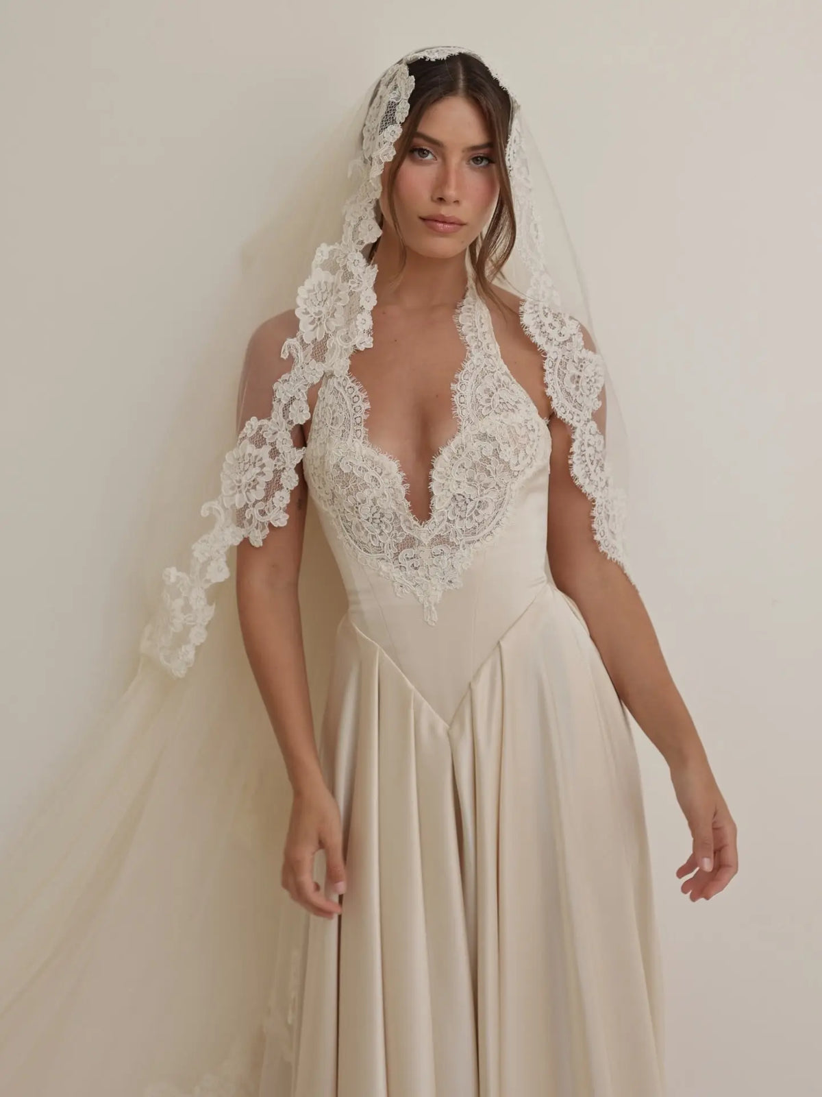 satin wedding dress with lace veil WILLOW WEDDING DRESS BY LOVE STORY LONDON