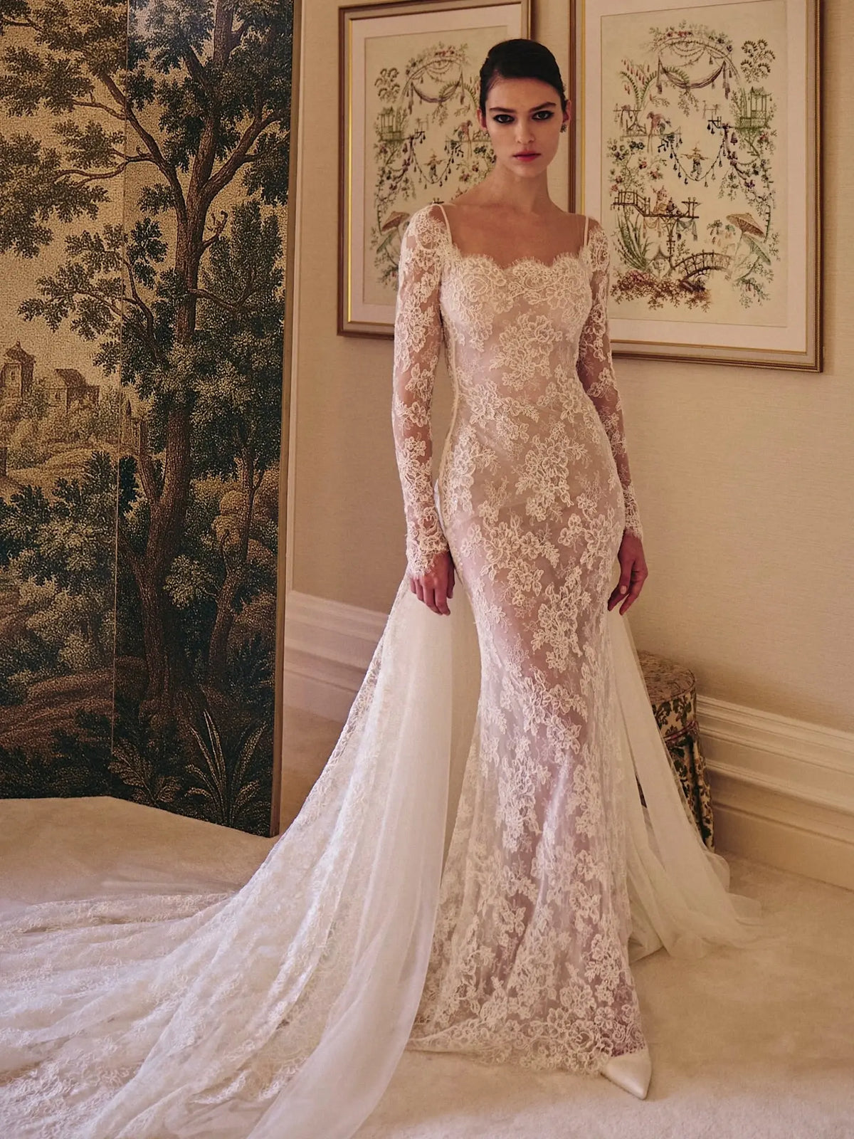 long sleeve wedding dress with overskirt Lace Corset Wedding Dress With Long Sleeves and Satin Skirt, High Neck Bridal Gown With Detachable Overskirt and Slit, Elegant Dress