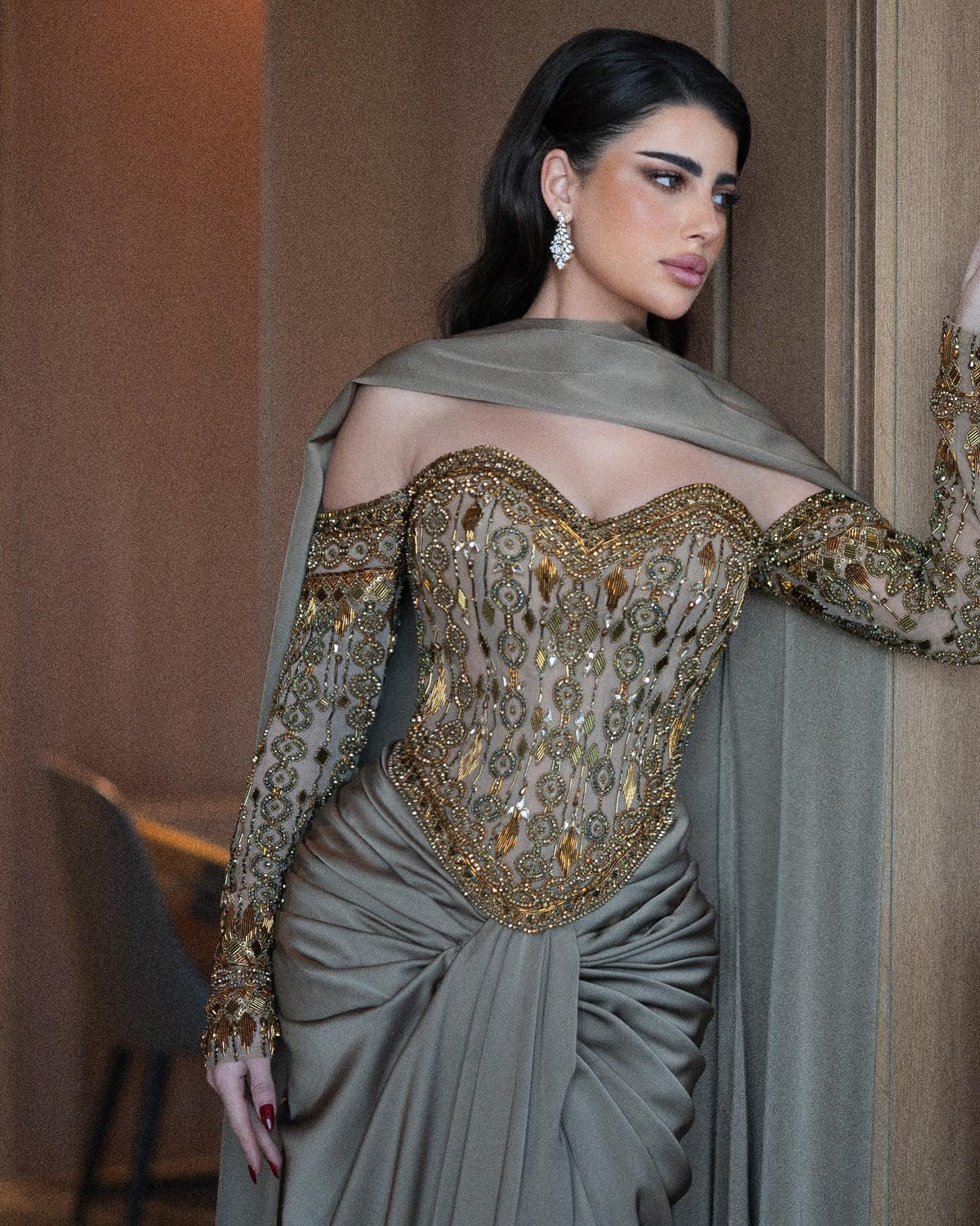 Luxury Gray Embellished Cape Fitted Evening Dress with Scarf SS564 