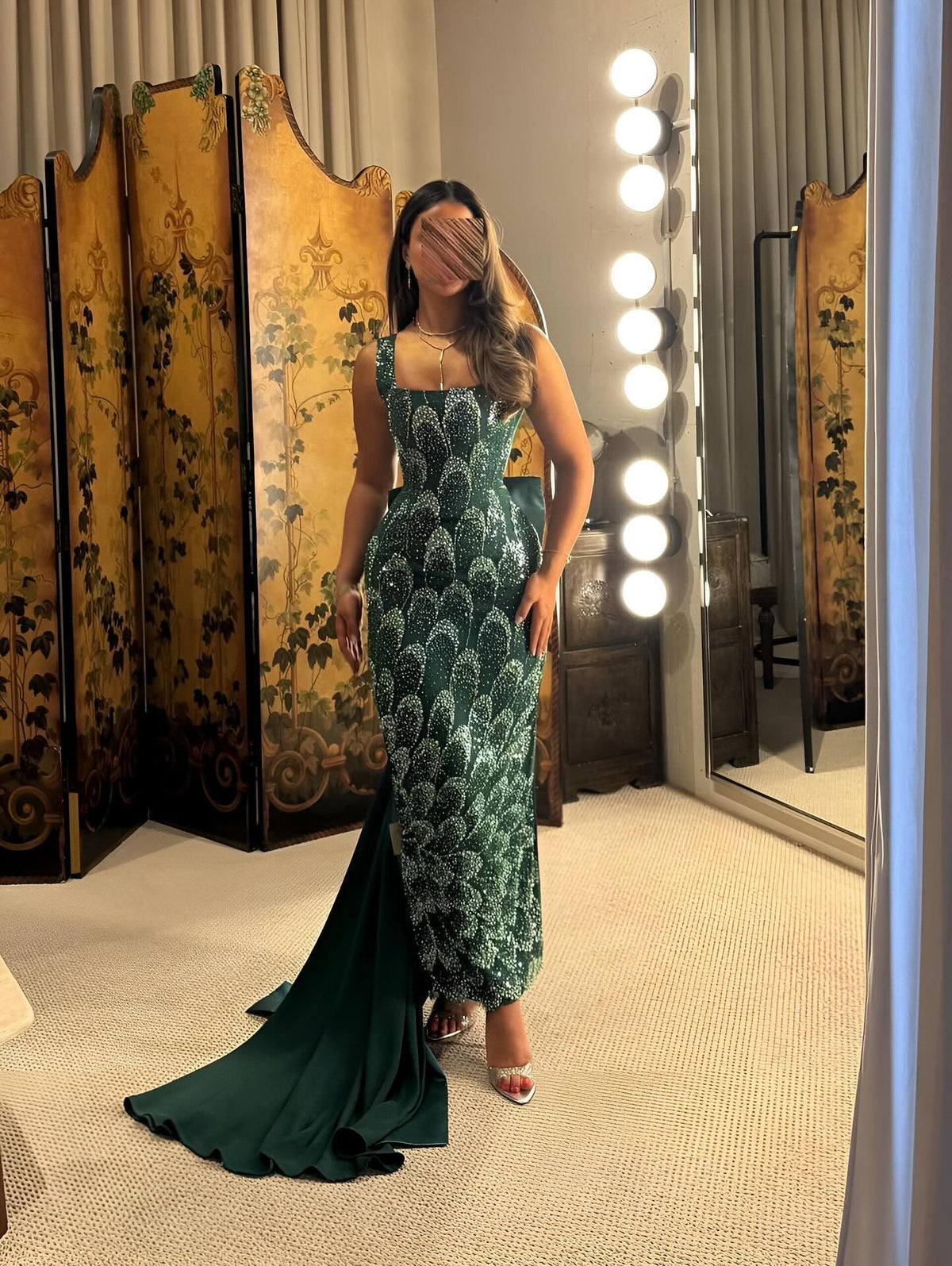 Luxury Emerald Green Sequin Train Evening Dress with Bow Overskirt SS648 