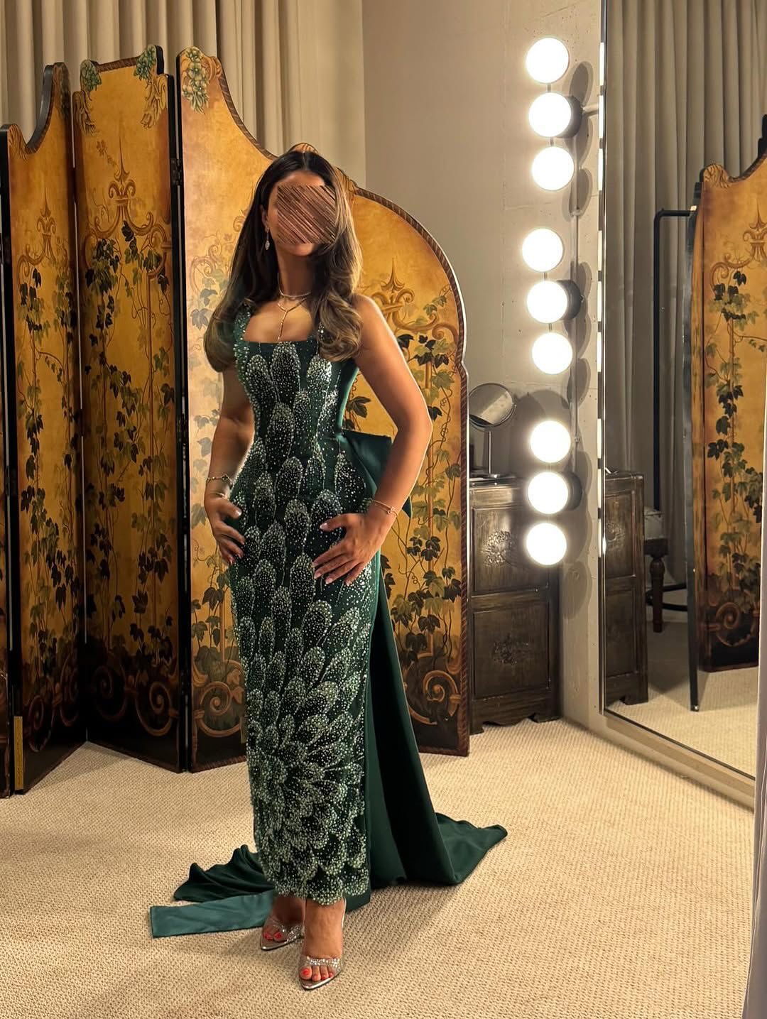 Luxury Emerald Green Sequin Train Evening Dress with Bow Overskirt SS648 