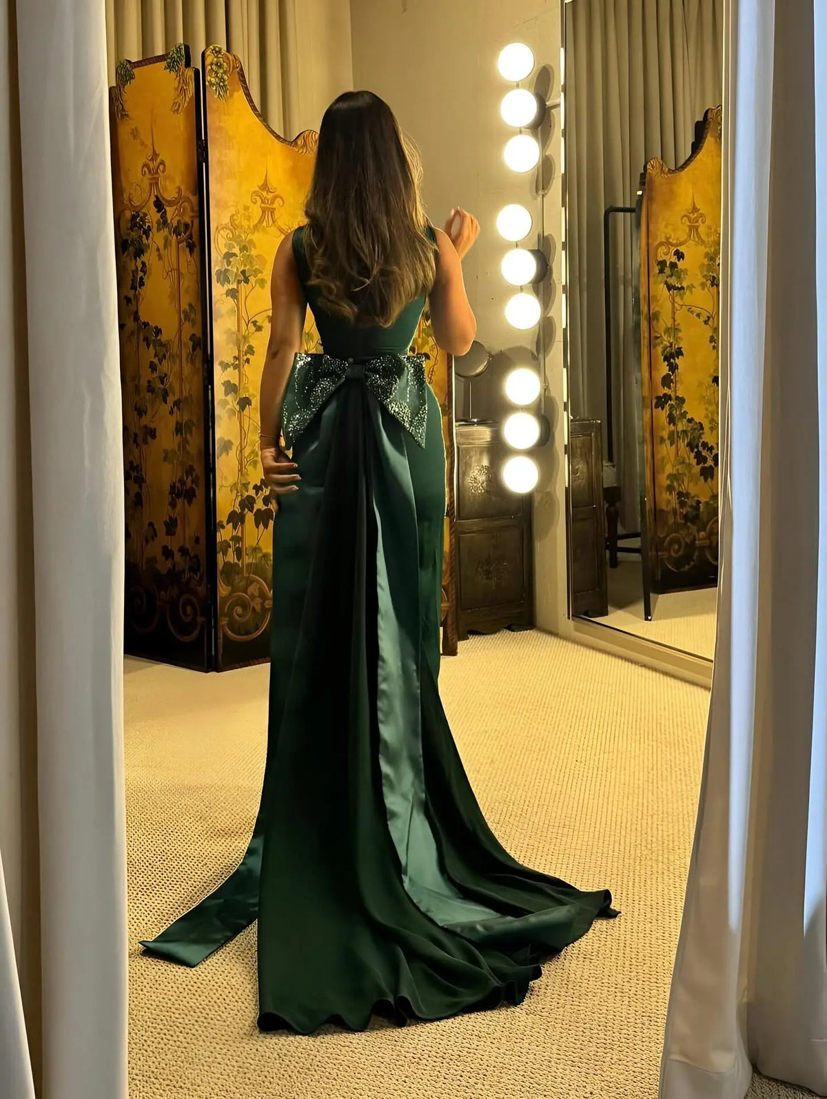Luxury Emerald Green Sequin Train Evening Dress with Bow Overskirt SHARONSAID Luxury Emerald Green Sequin Train Evening Dress with Bow Overskirt SHARONSAID