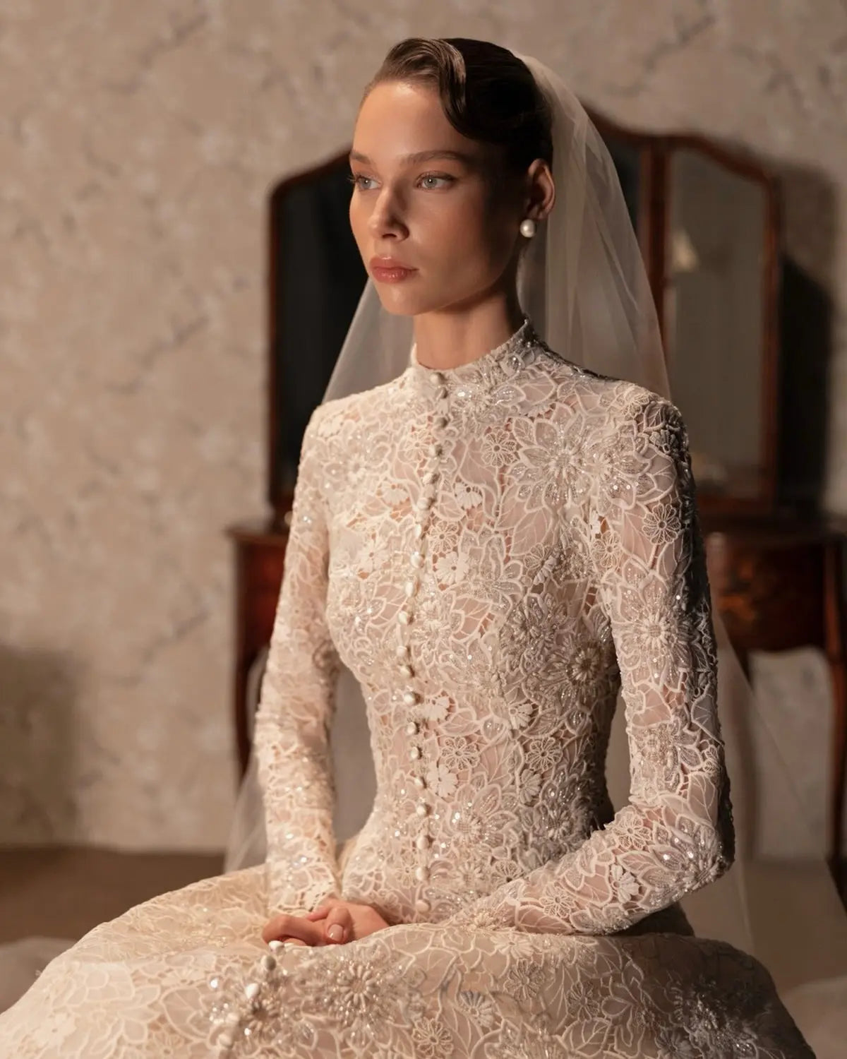 Luxury Champagne High Neck Long Sleeve Lace A-Line Wedding Dress with Buttons SW669
