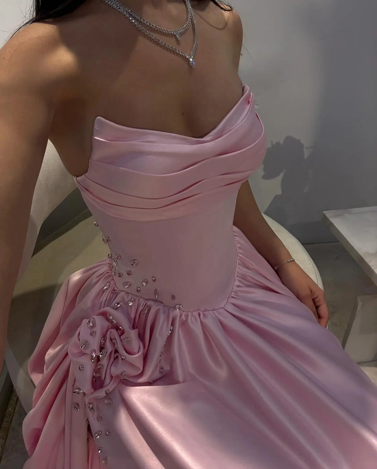 Pink Crystal Strapless High Slit Elegant Evening Dress SH552 - SHARONSAID