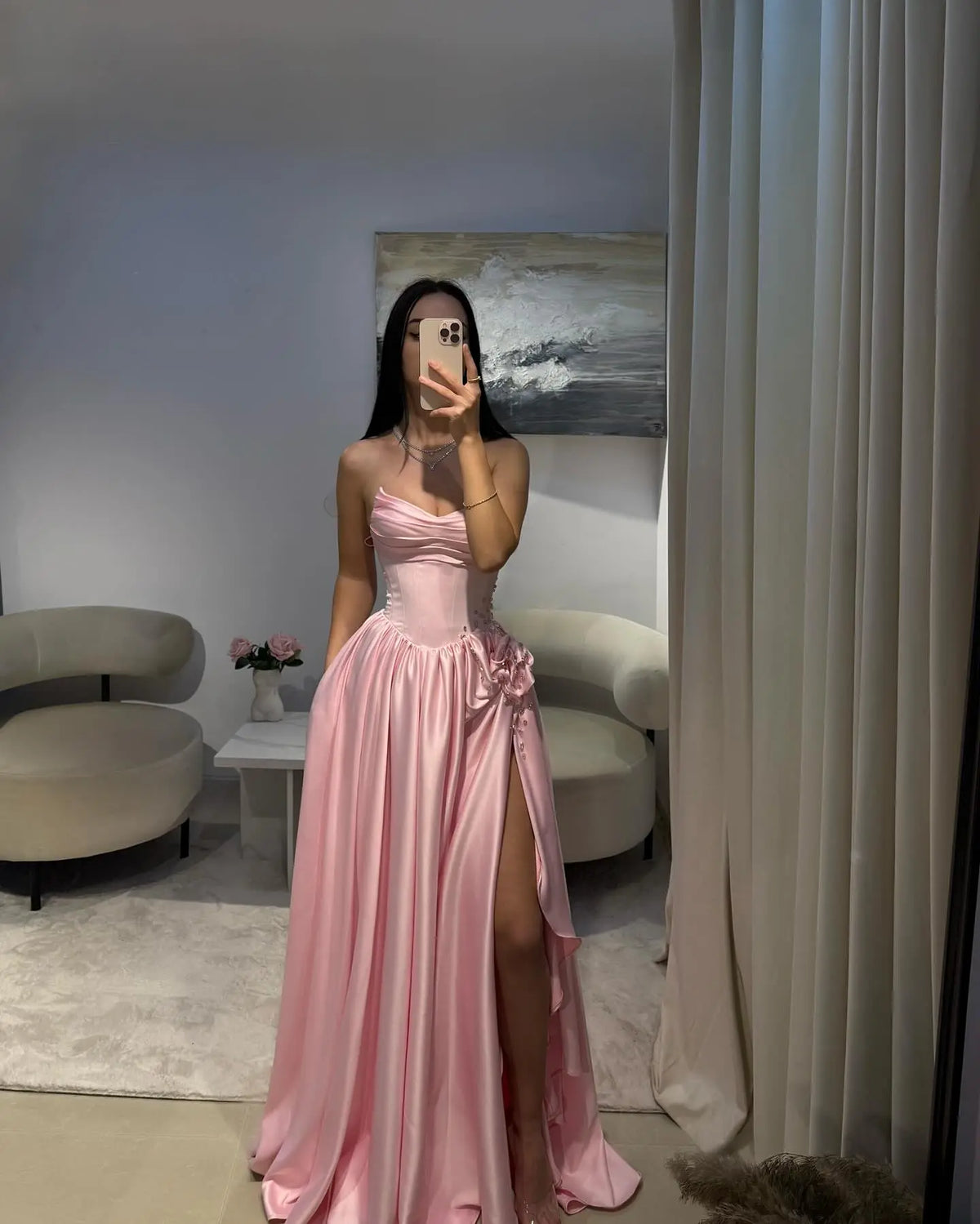 Pink Crystal Strapless High Slit Elegant Evening Dress SH552 - SHARONSAID