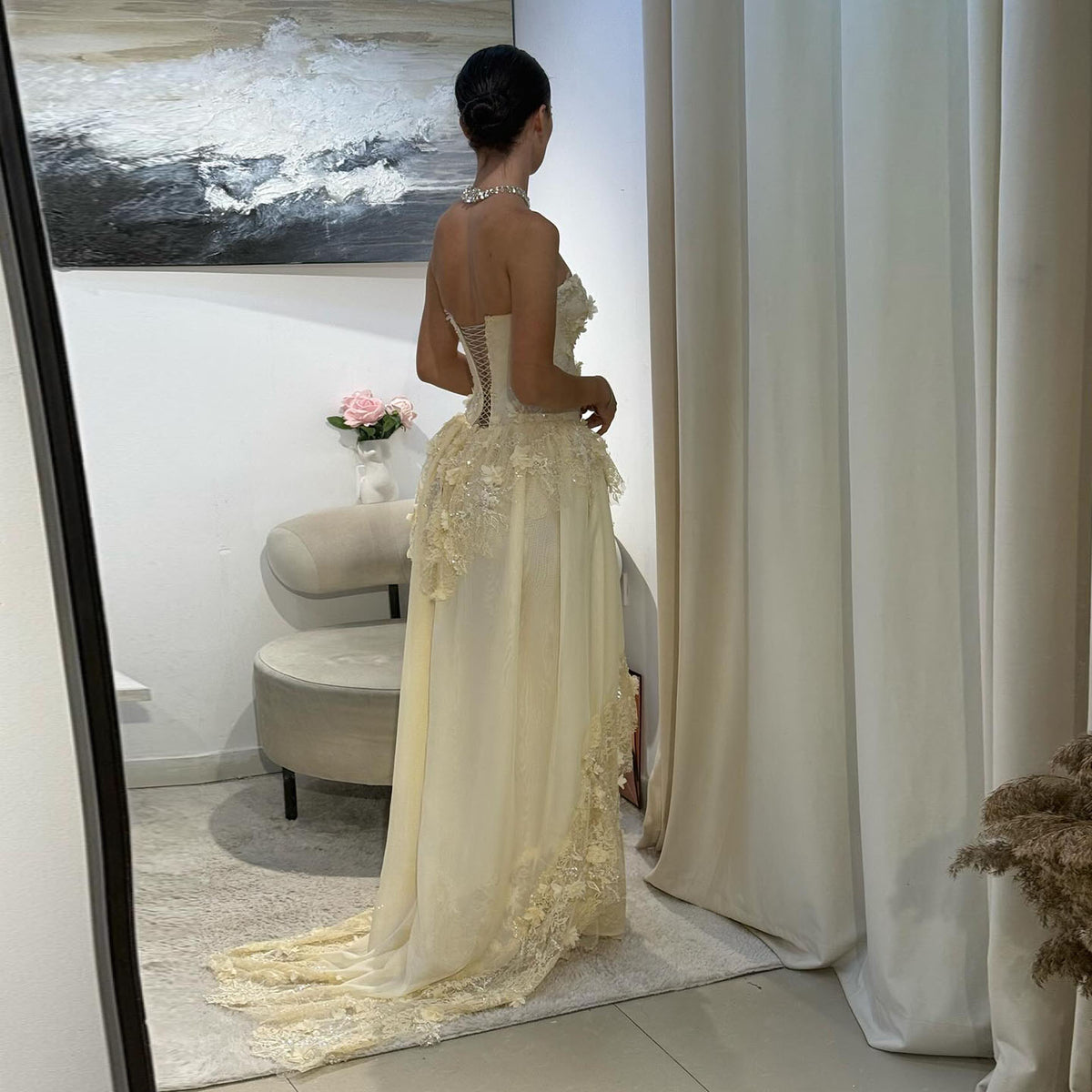 Elegant Light Yellow 3D Floral Strapless Evening Dress with Overskirt SS654 