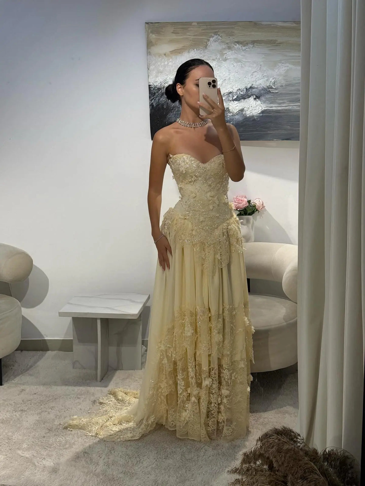 pale yellow lace wedding dress Light Yellow Organza Tulle Applique Formal Gown, Lace Applique Formal
