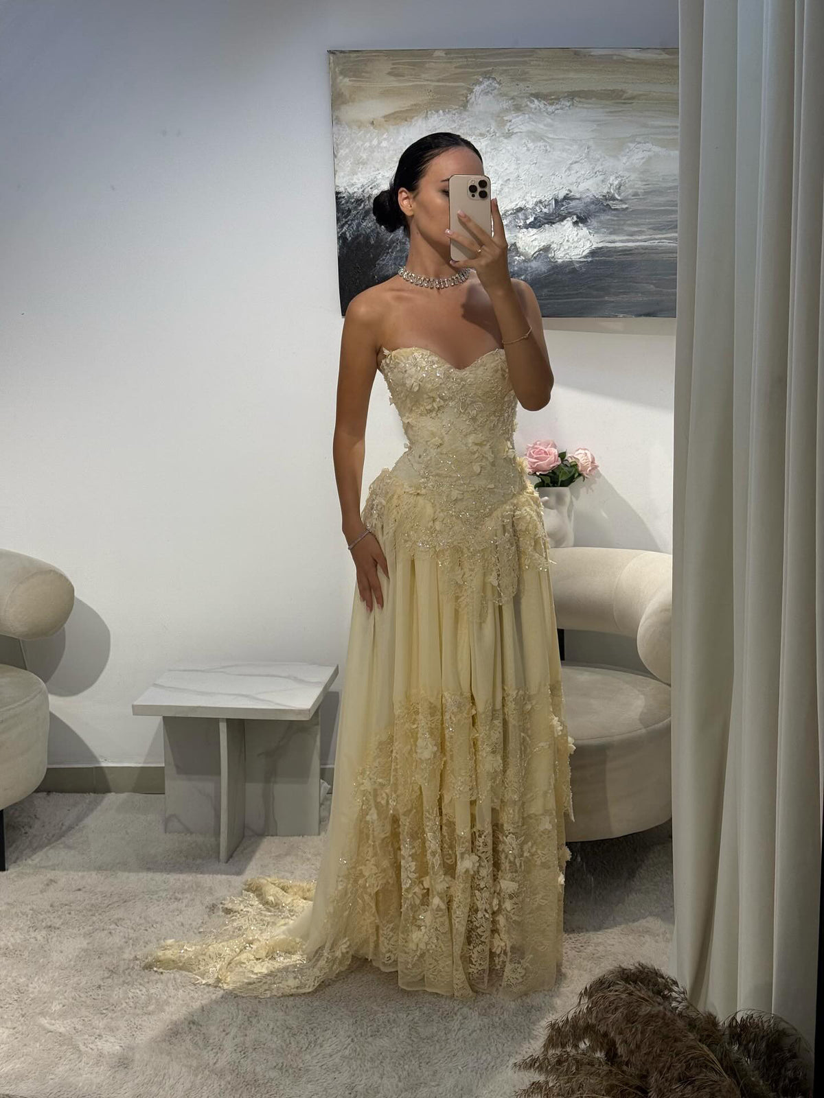 Elegant Light Yellow 3D Floral Strapless Evening Dress with Overskirt SS654 