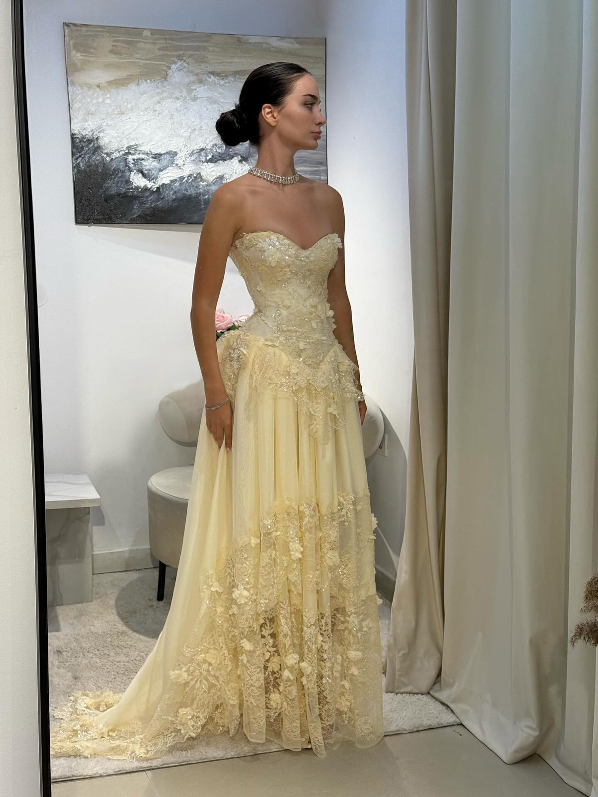 Elegant Light Yellow 3D Floral Strapless Evening Dress with Overskirt SS654 