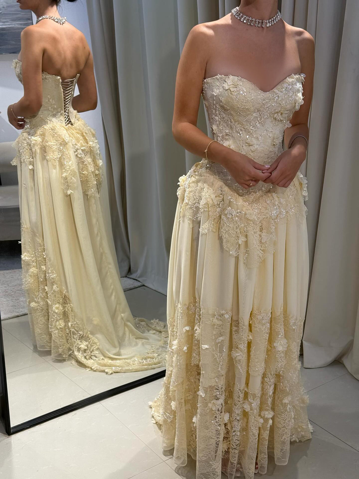 Elegant Light Yellow 3D Floral Strapless Evening Dress with Overskirt SS654 