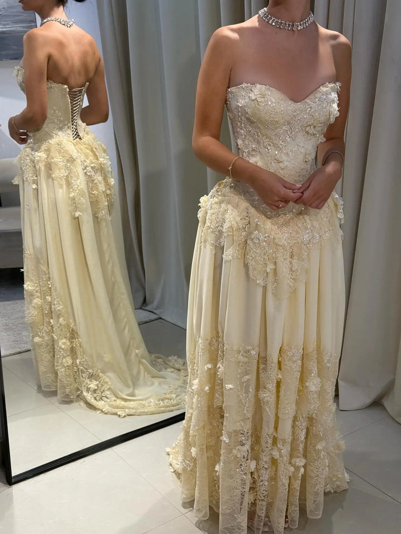 Elegant Light Yellow 3D Floral Strapless Evening Dress with Overskirt SS654 