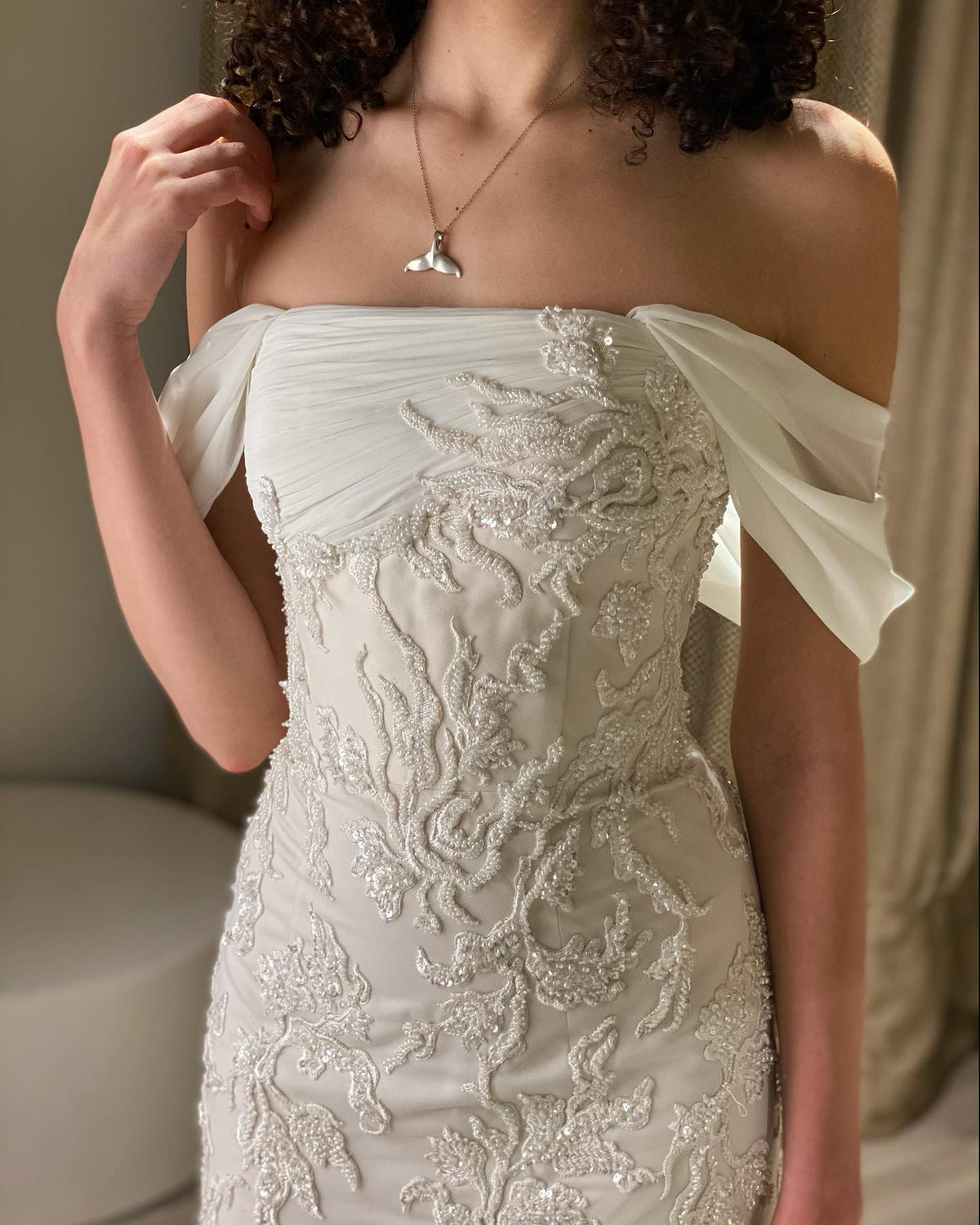 Elegant Ivory Sequin Off Shoulder Embroidered Evening Dress SS622 