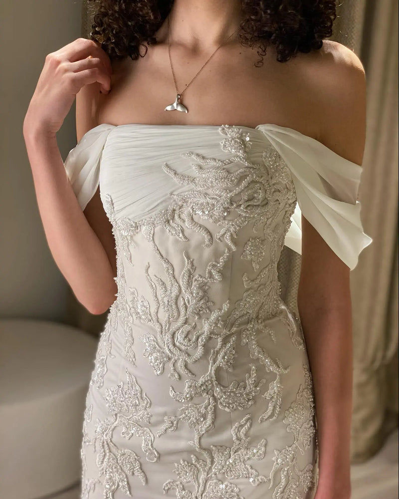 Elegant Ivory Sequin Off Shoulder Embroidered Evening Dress SS622 