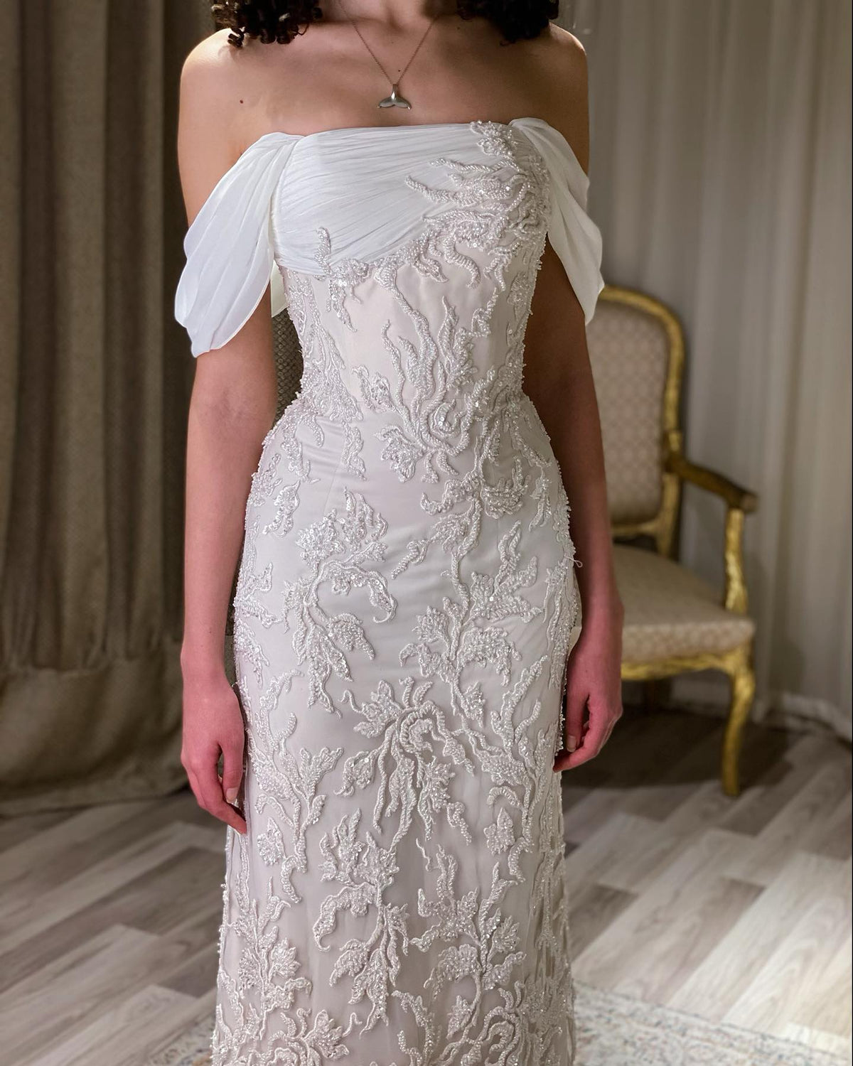 Elegant Ivory Sequin Off Shoulder Embroidered Evening Dress SS622 