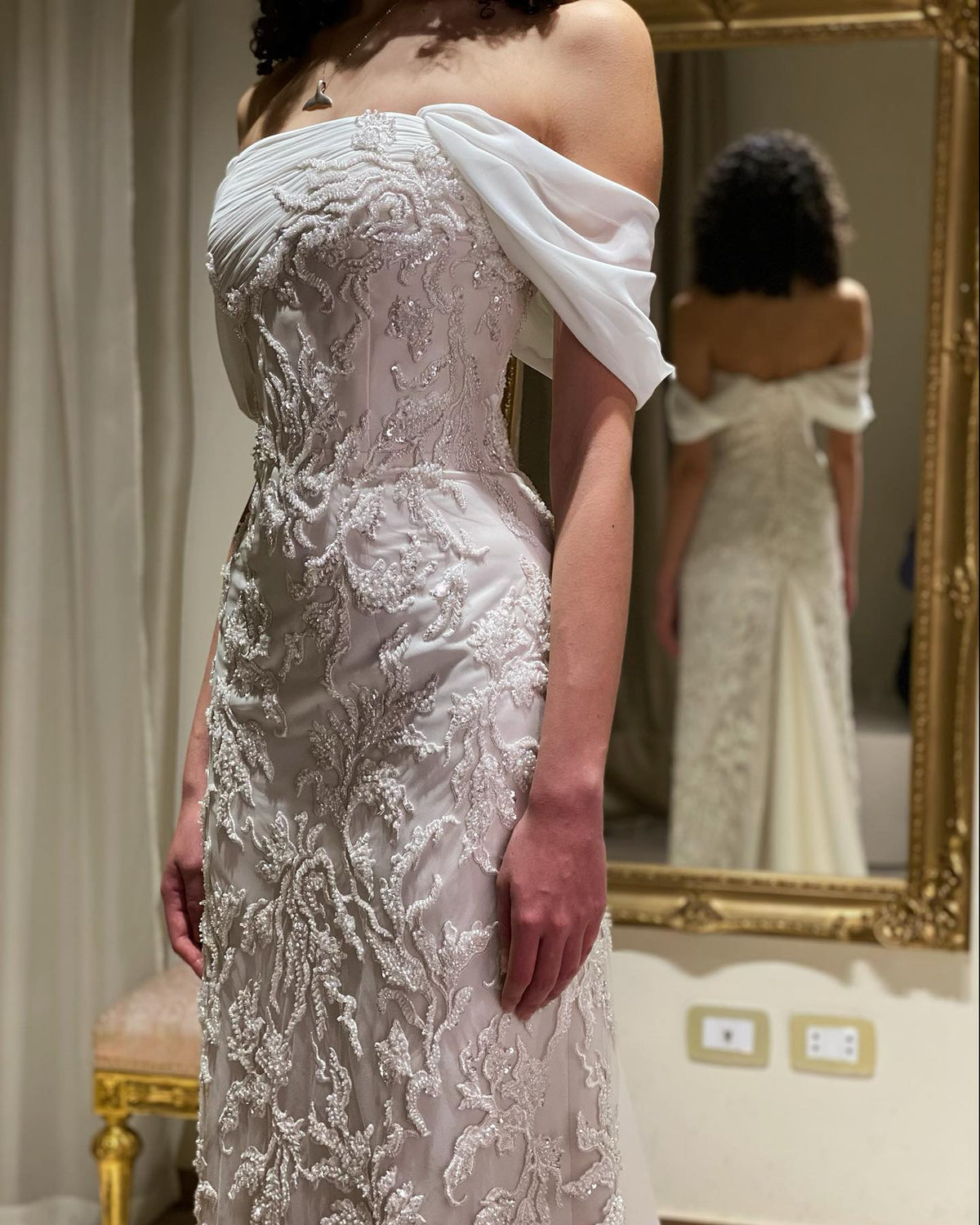 Elegant Ivory Sequin Off Shoulder Embroidered Evening Dress SS622 