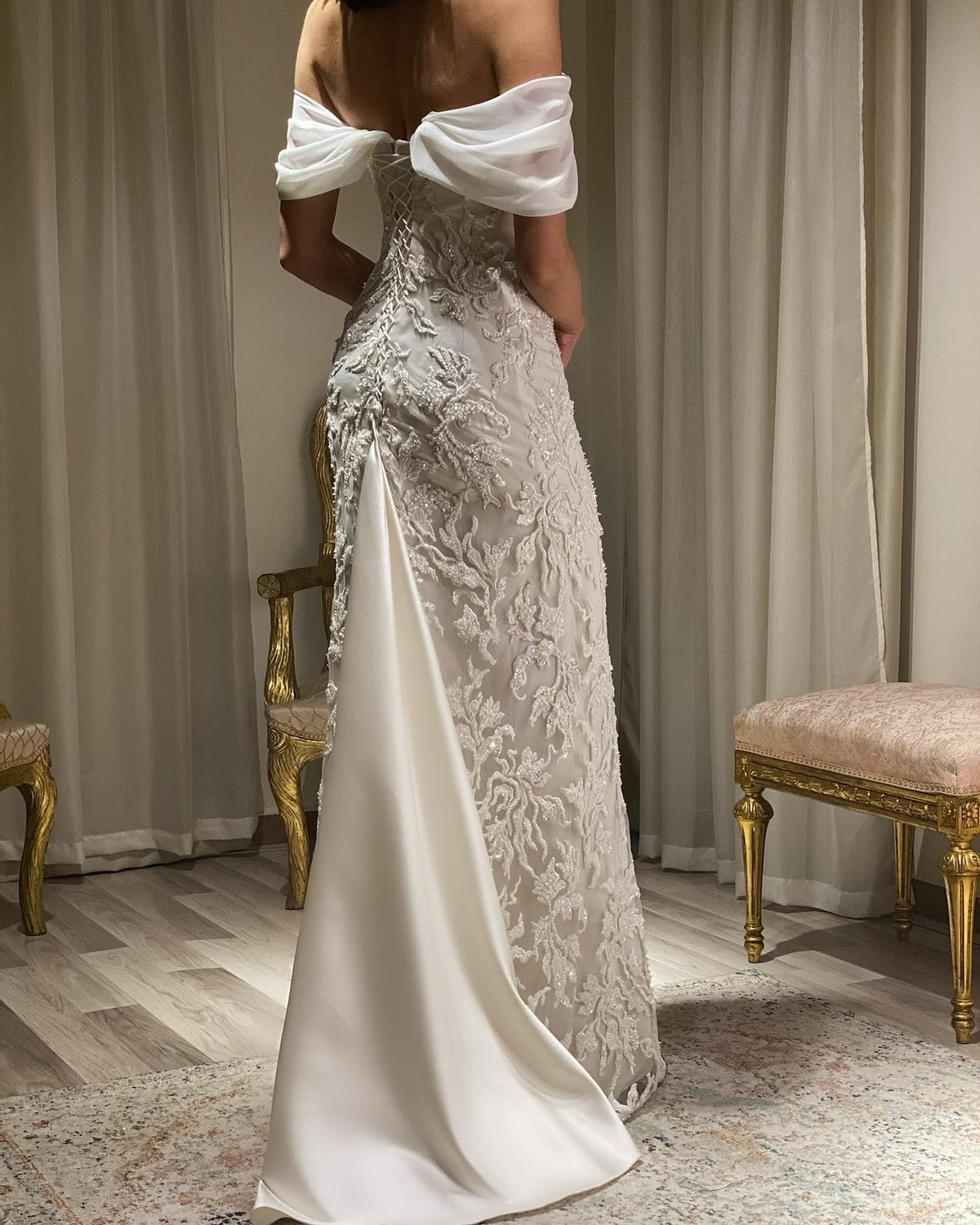 Elegant Ivory Sequin Off Shoulder Embroidered Evening Dress SS622 