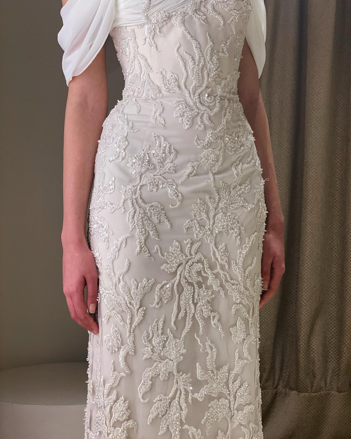 Elegant Ivory Sequin Off Shoulder Embroidered Evening Dress SS622 