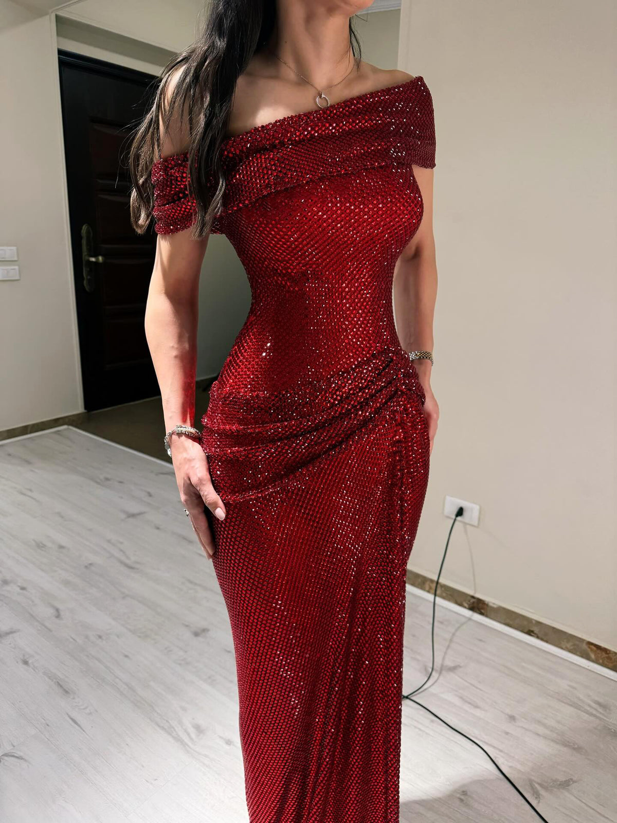 Luxury Wine Red Off-Shoulder Sequin Folds Evening Dress SS670 