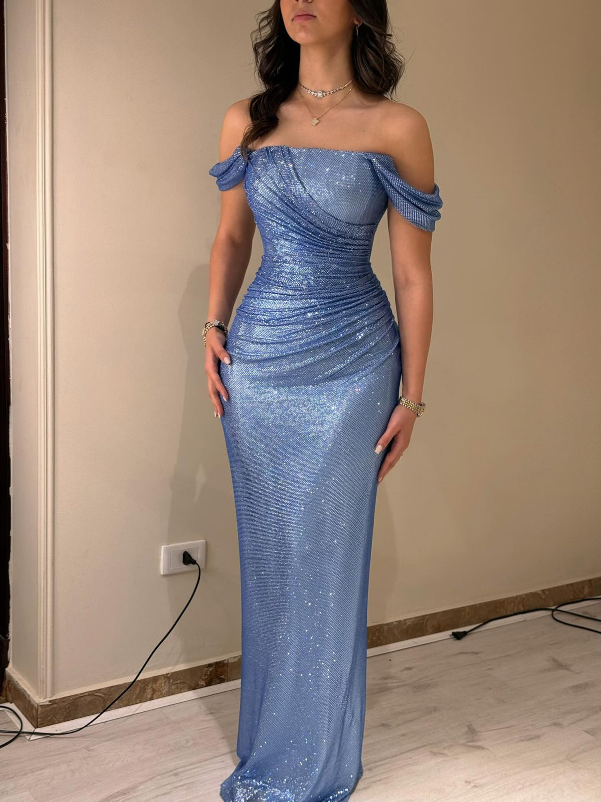 Elegant Blue Off-Shoulder Sequin Evening Dress SS671 