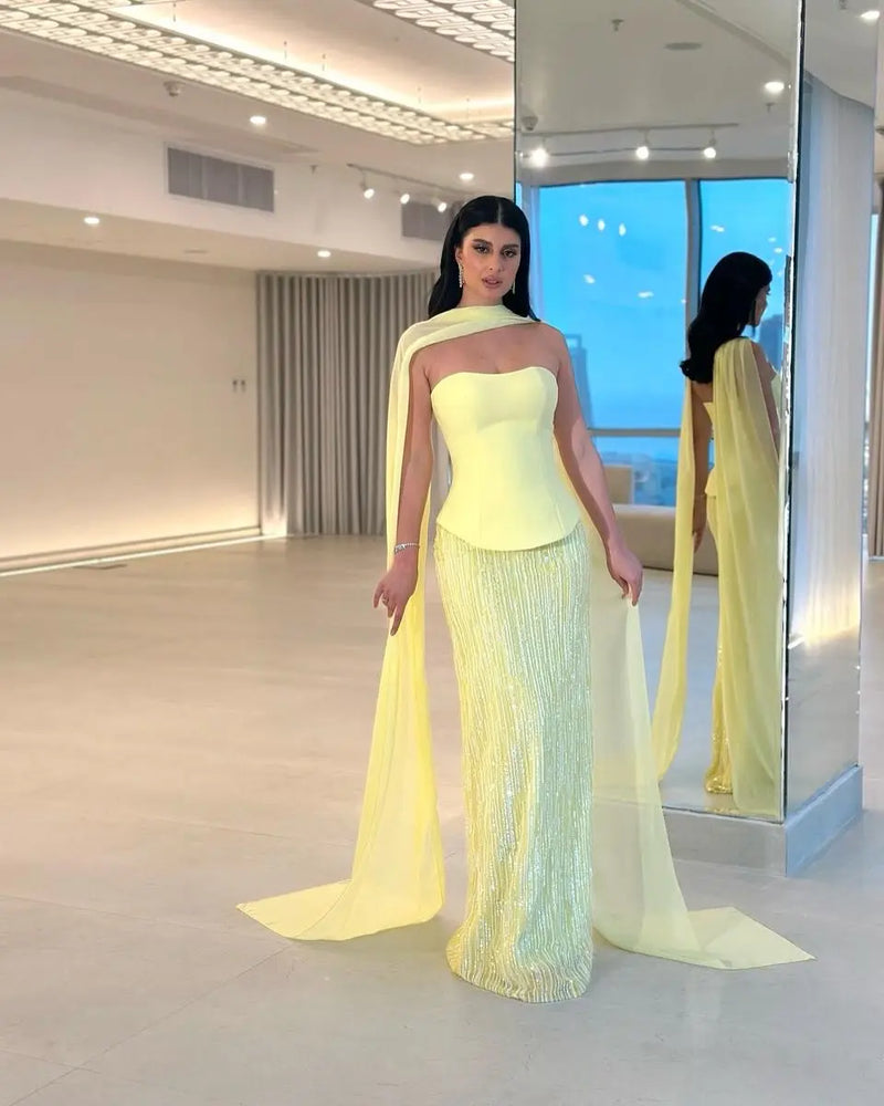 Luxury Yellow Strapless Sequin Evening Dress with Cape SS642 