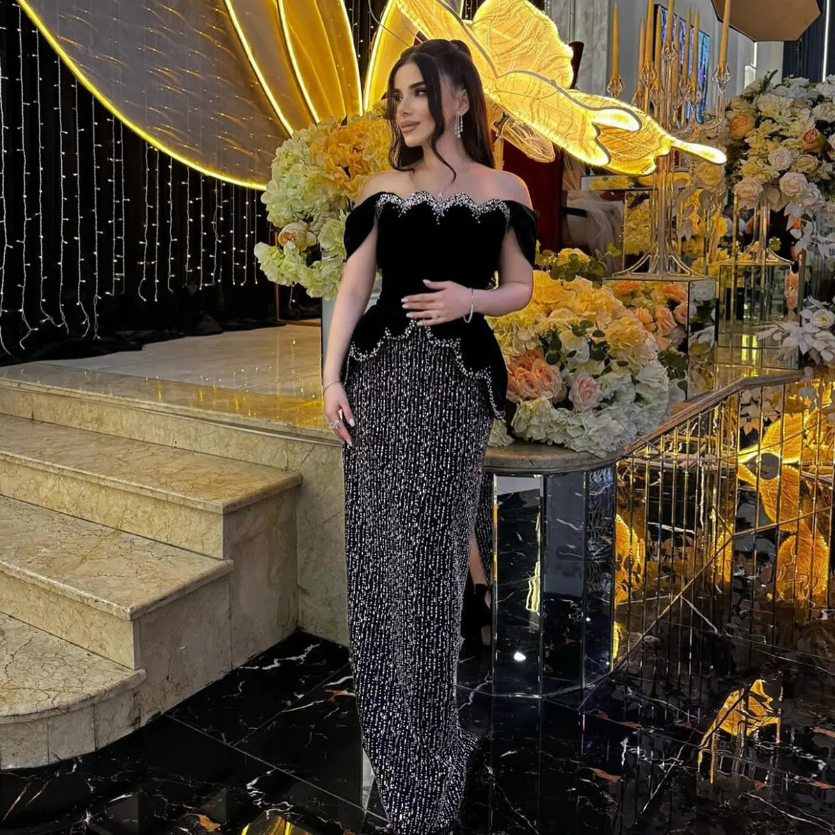 Luxury Black Off Shoulder Sequin Pearl Evening Dress SS615 Luxury Black Off Shoulder Sequin Pearl Evening Dress SS615