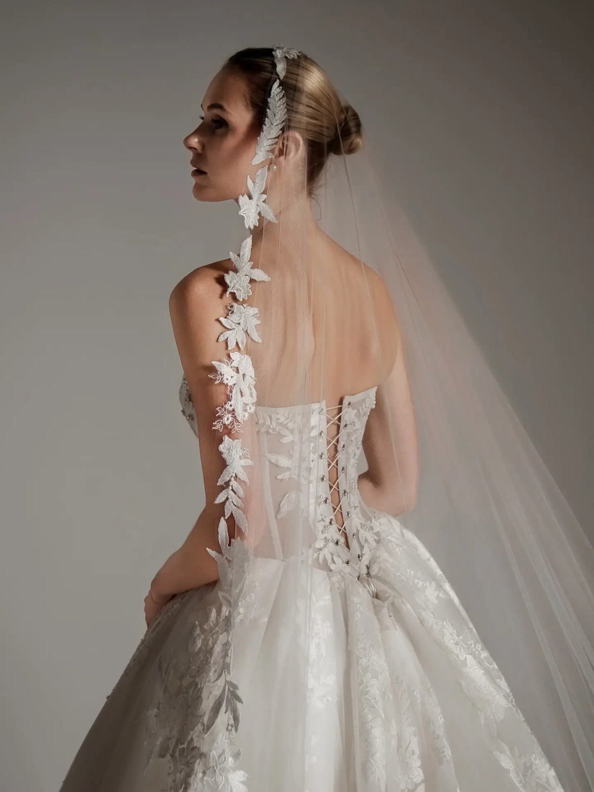 Luxury Strapless Floral Embroidery Ball Gown Wedding Dress with Veil SW169 