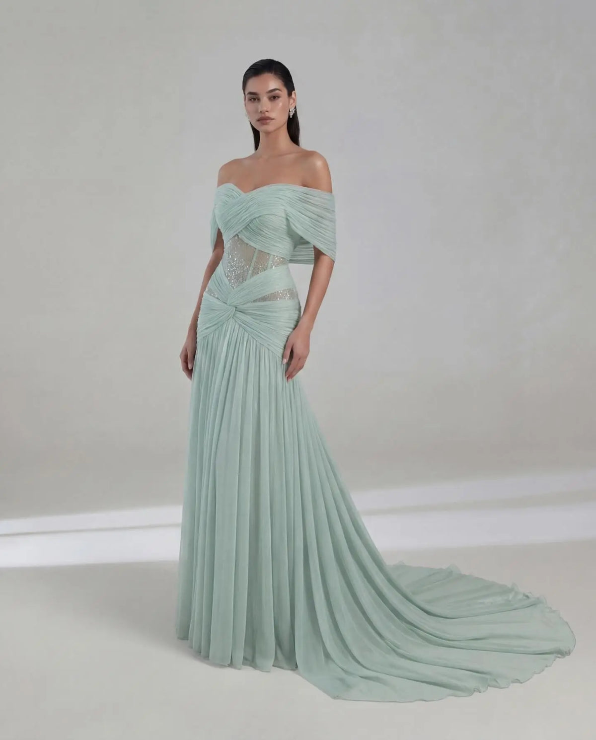 Mint Aqua Pleated Corset Evening Gown Train Dress SF244